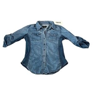 Cavalini Denim Shirt Womens Medium Collared Blue Collared Button Up Side Ribbed